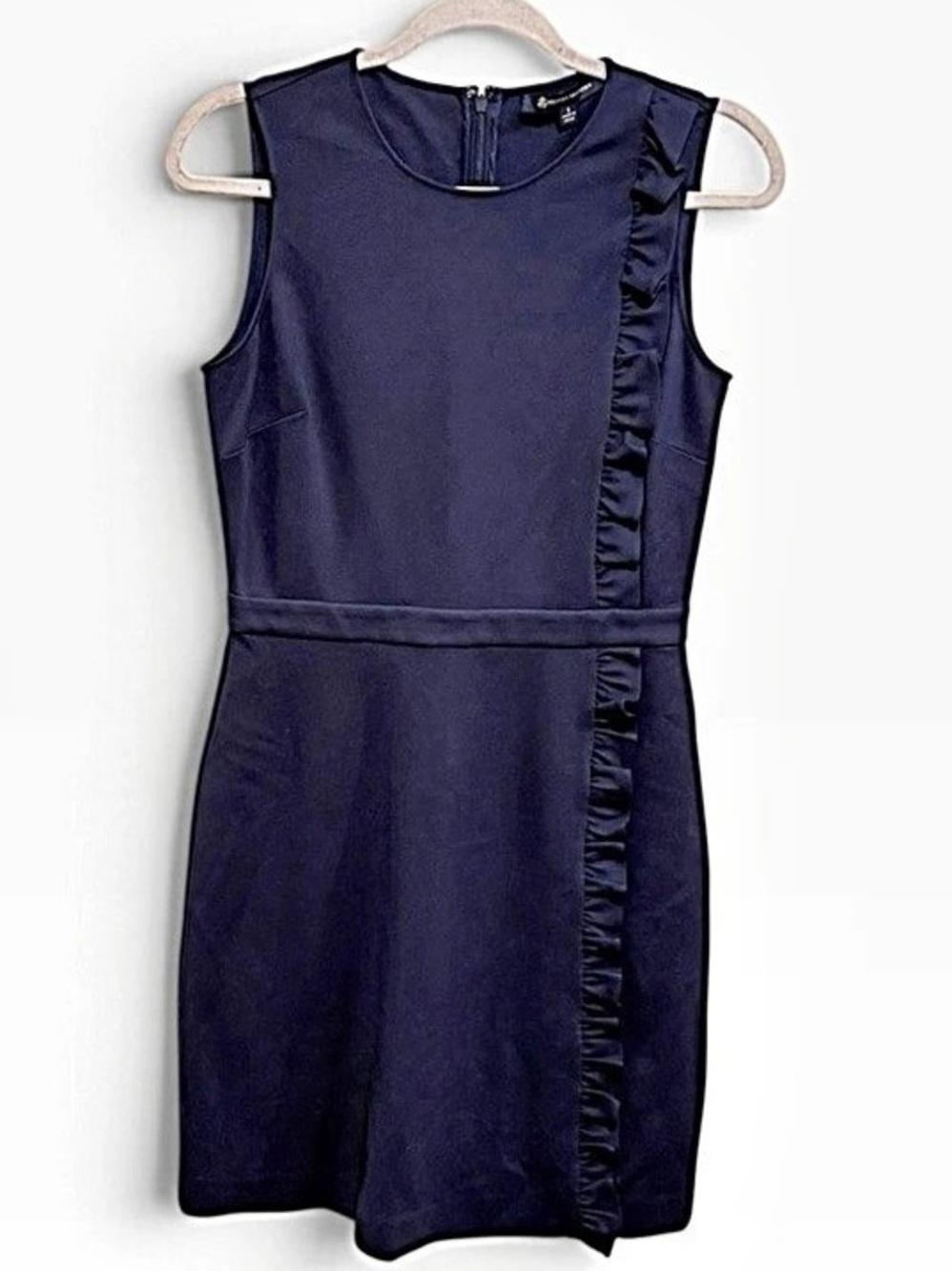 Brooks Brothers Navy Ponte Sheath Dress with Ruffle Trim Size S
